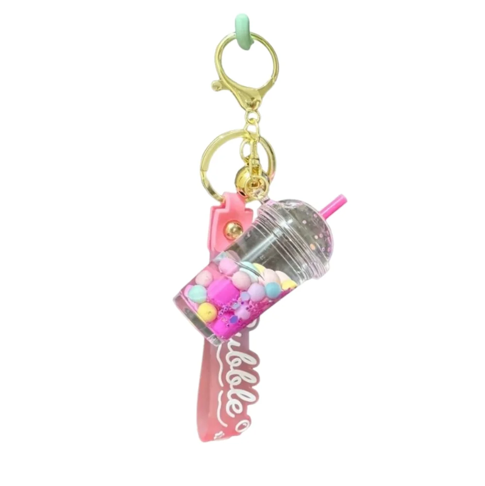 Pink Pearl Bubble Milk Tea‎ Keychain with Gold Accents Boba Drink Purse Charm